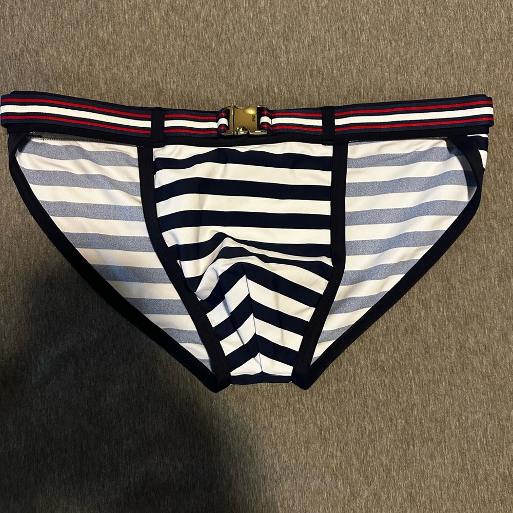 Andrew Christian Bikini Blue & White Striped Speedo Large NWOT Swim Brief